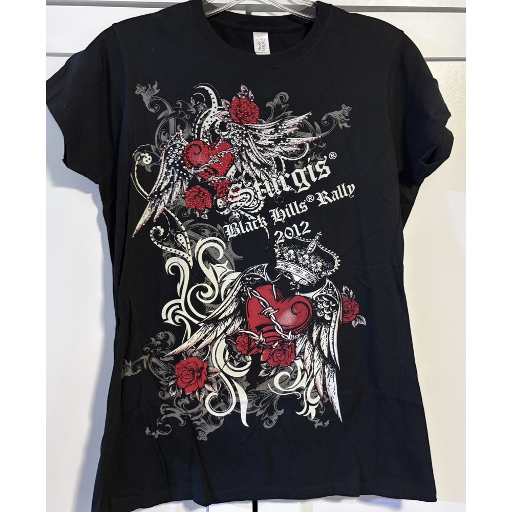 2012 Sturgis Black Hills Rally Shirt Womens Large Angel Wings Rhinestone Biker